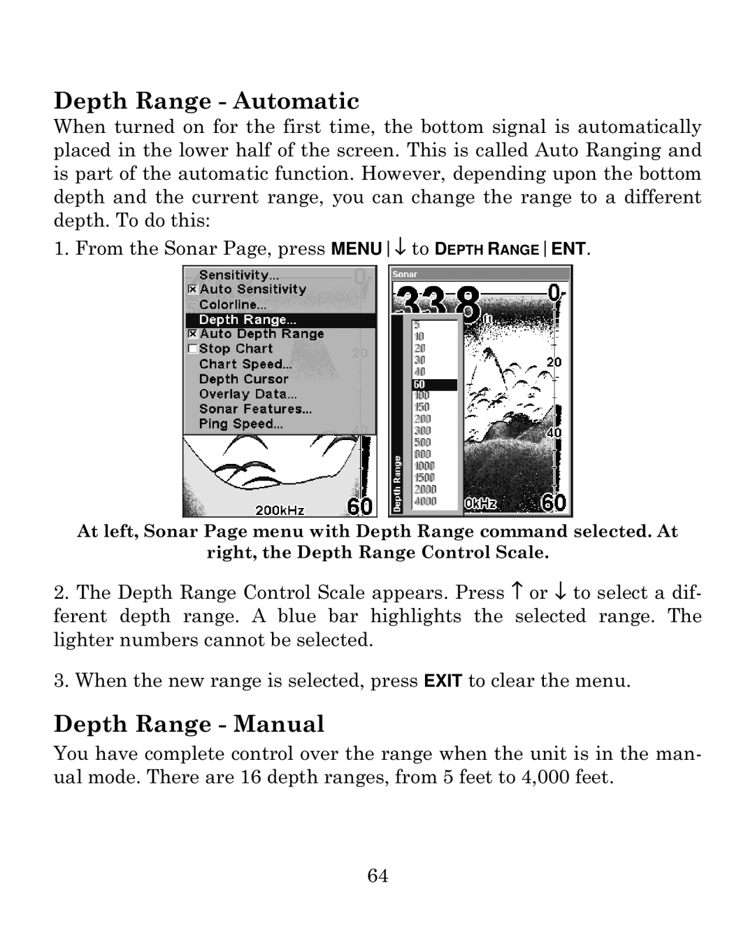 Eagle Electronics 500CDF manual Depth Range Automatic, Depth Range Manual 