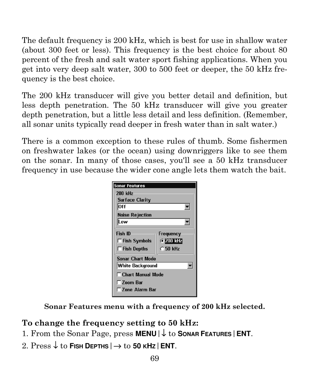 Eagle Electronics 500CDF manual Sonar Features menu with a frequency of 200 kHz selected 