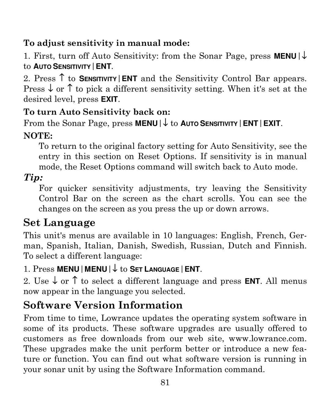 Eagle Electronics 500CDF manual Set Language, Software Version Information 