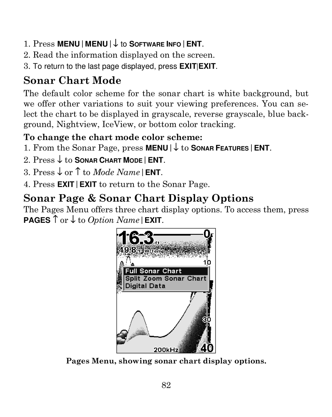 Eagle Electronics 500CDF manual Sonar Chart Mode, Sonar Page & Sonar Chart Display Options 