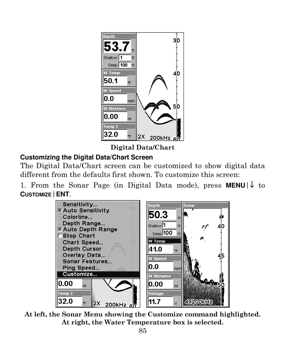 Eagle Electronics 500CDF manual Customizing the Digital Data/Chart Screen 