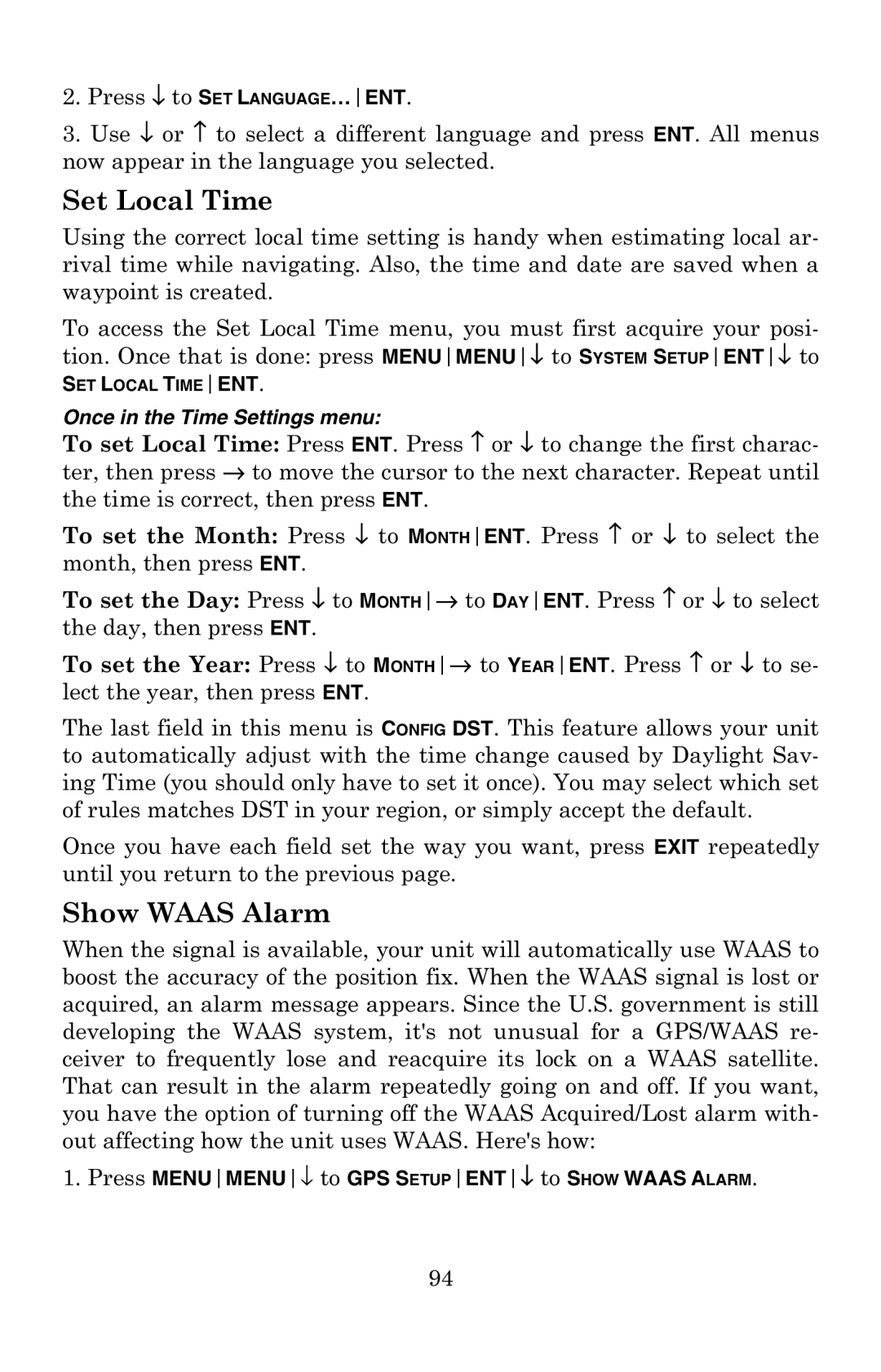 Eagle Electronics 502C manual Set Local Time, Show Waas Alarm 