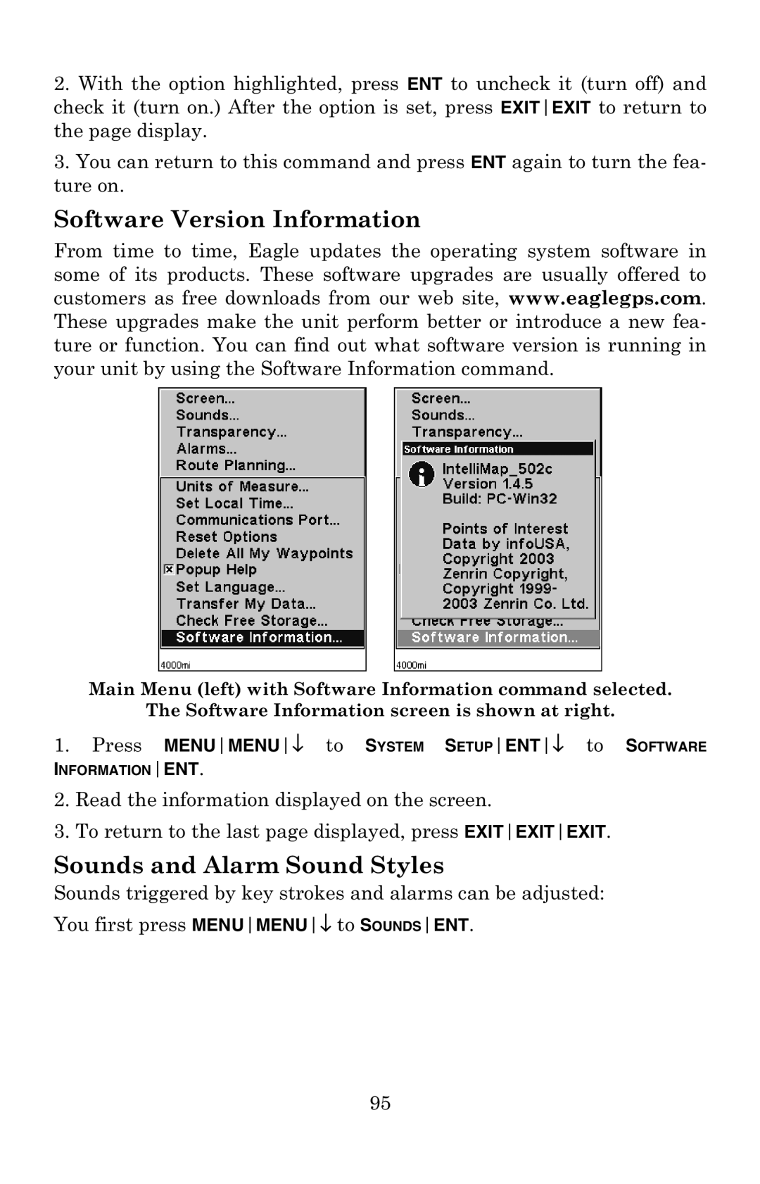 Eagle Electronics 502C manual Software Version Information, Sounds and Alarm Sound Styles 