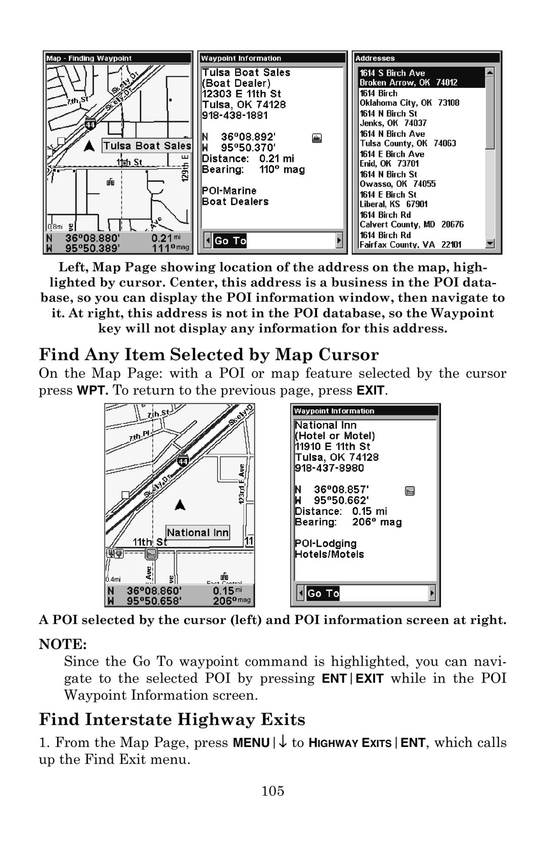 Eagle Electronics 502C manual Find Any Item Selected by Map Cursor, Find Interstate Highway Exits 