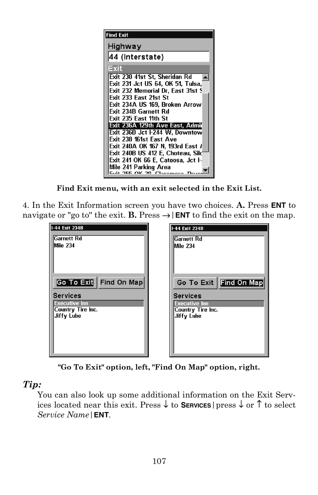 Eagle Electronics 502C manual Find Exit menu, with an exit selected in the Exit List 