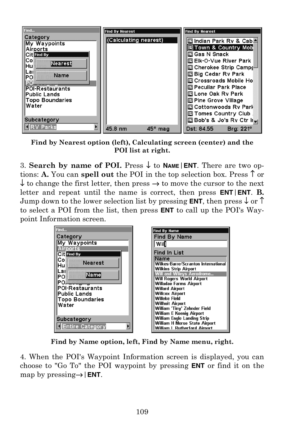 Eagle Electronics 502C manual Find by Name option, left, Find by Name menu, right 