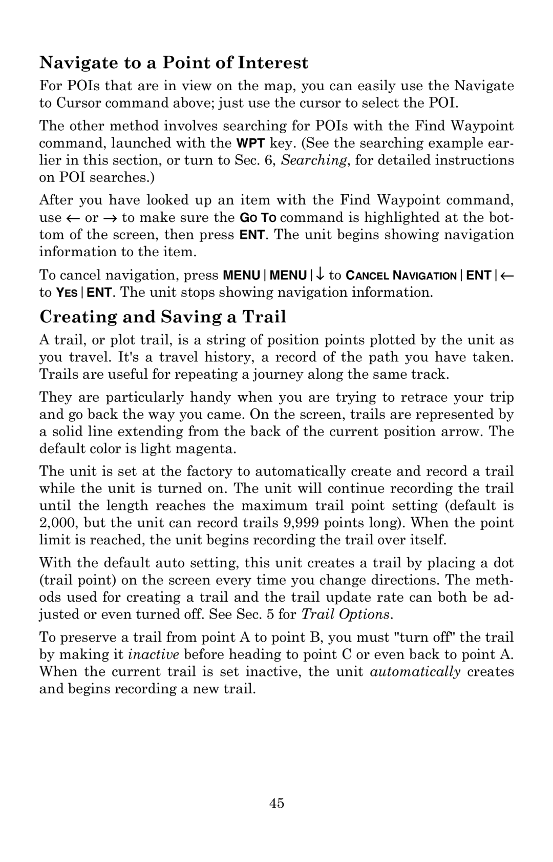 Eagle Electronics 502C manual Navigate to a Point of Interest, Creating and Saving a Trail 