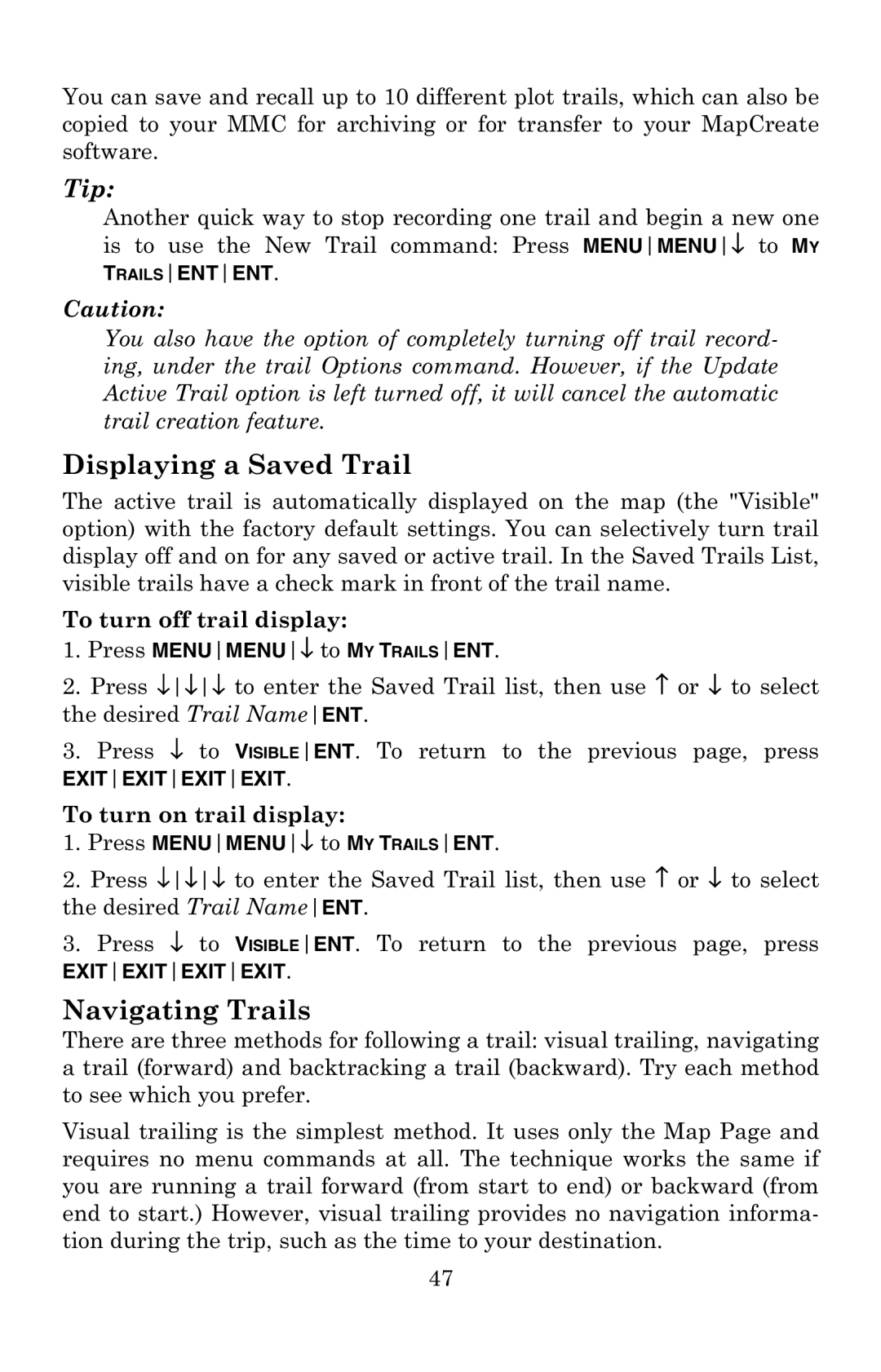 Eagle Electronics 502C manual Displaying a Saved Trail, Navigating Trails 