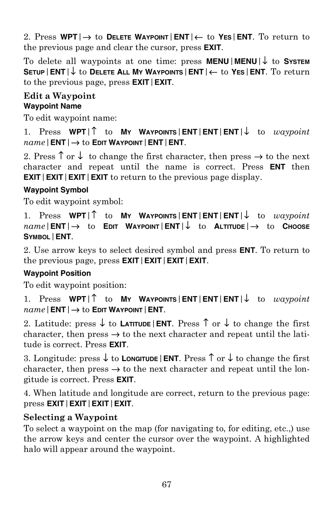 Eagle Electronics 502C manual To the previous page, press Exitexit, To edit waypoint name 