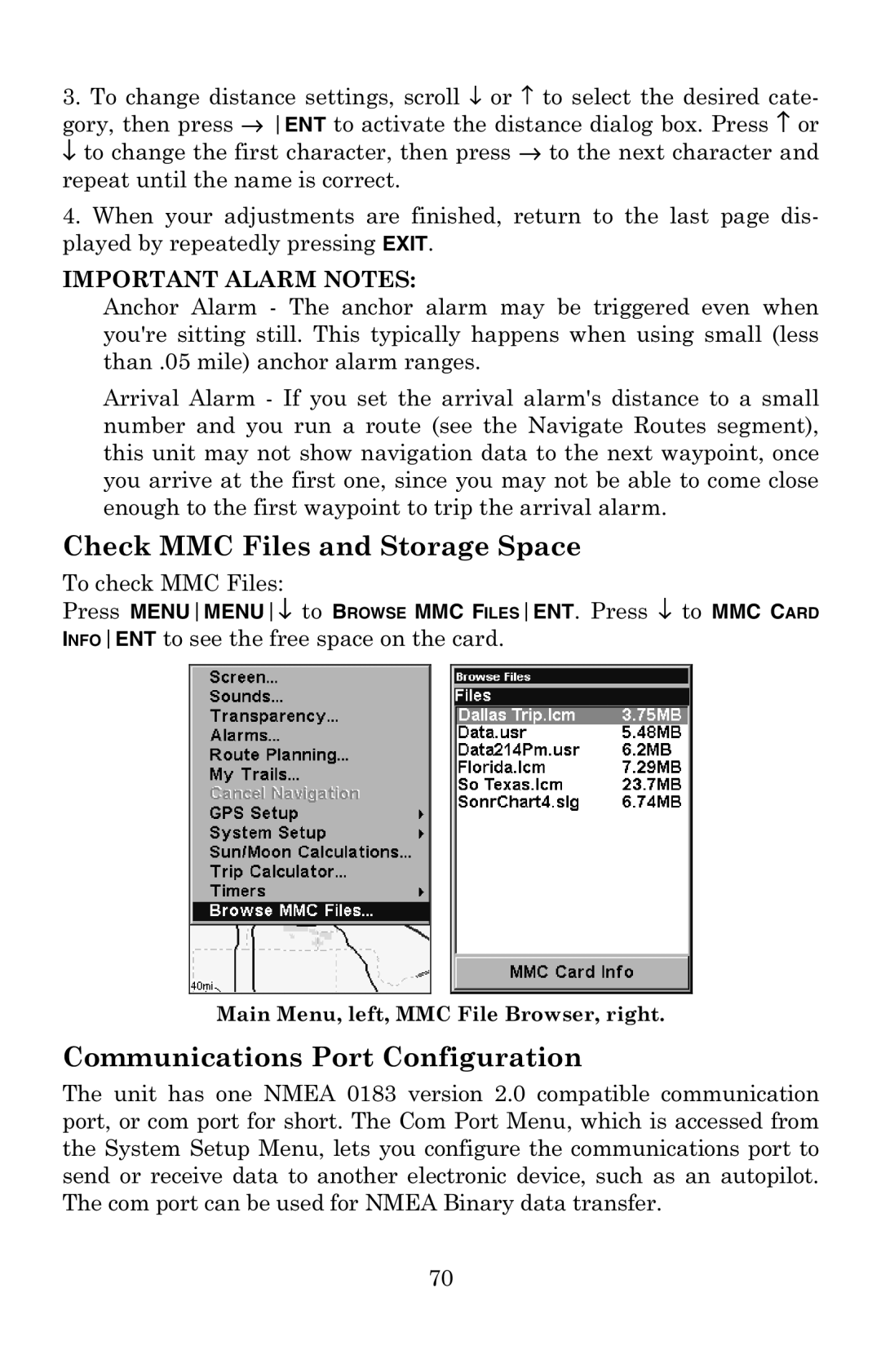 Eagle Electronics 502C manual Check MMC Files and Storage Space, Communications Port Configuration, To check MMC Files 