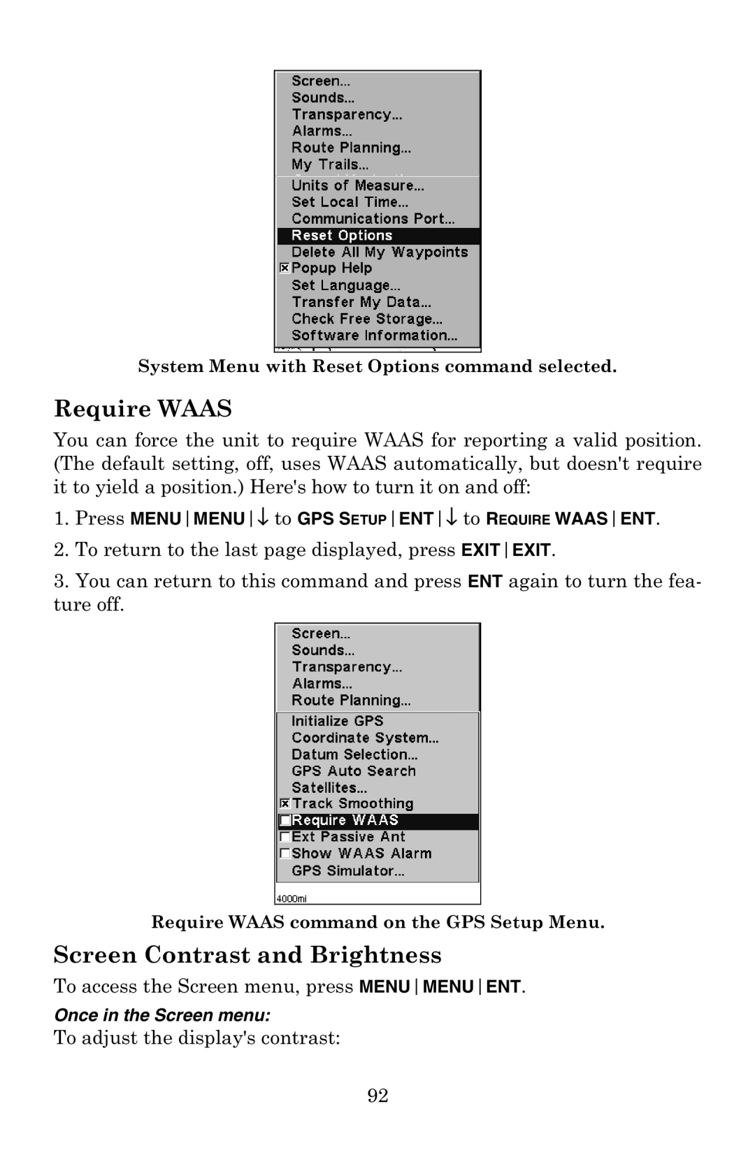 Eagle Electronics 502C manual Require Waas, Screen Contrast and Brightness, To access the Screen menu, press Menumenuent 