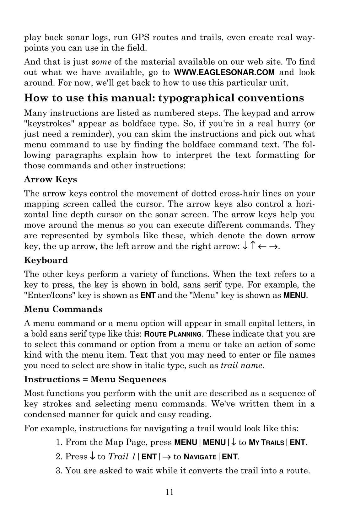 Eagle Electronics 502cDF How to use this manual typographical conventions, Arrow Keys, Keyboard, Menu Commands 