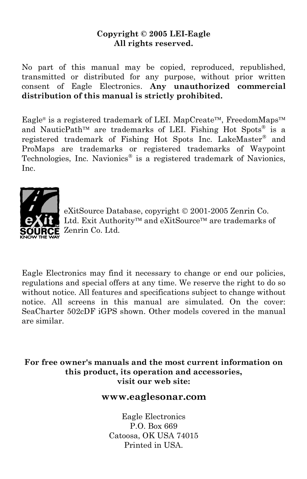 Eagle Electronics 502cDF manual Copyright 2005 LEI-Eagle All rights reserved 