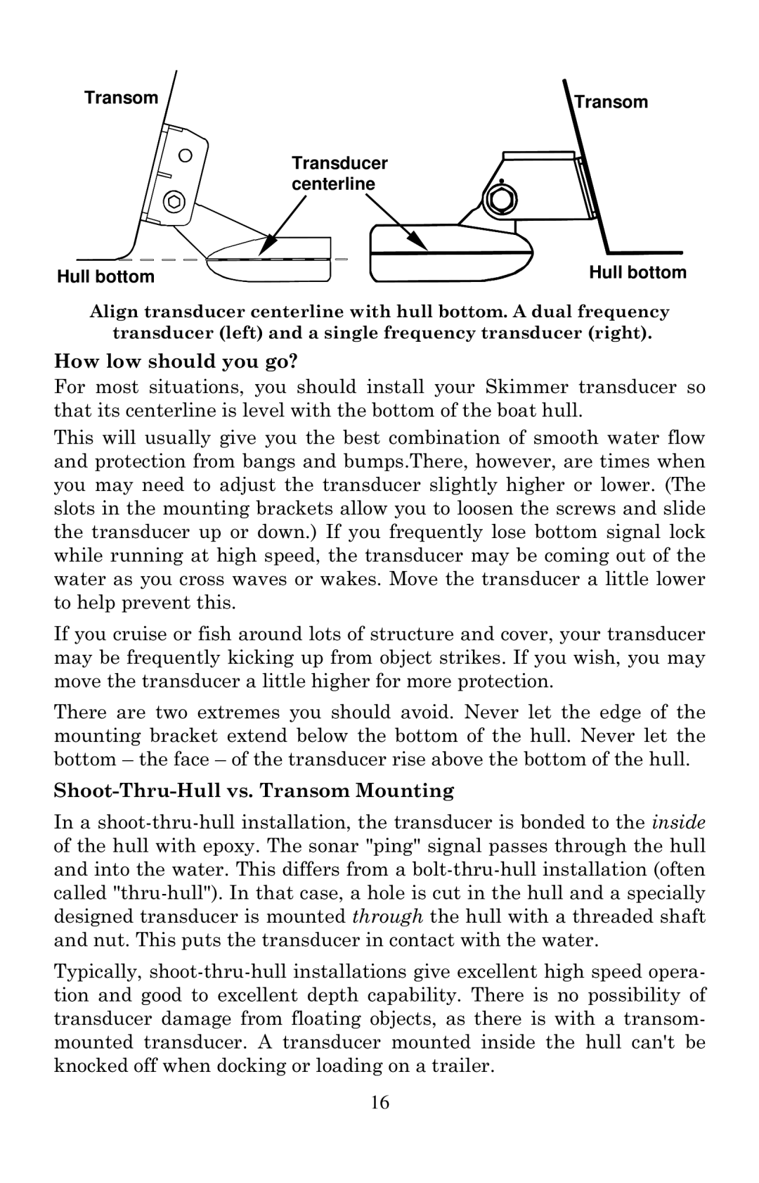 Eagle Electronics 502cDF How low should you go?, Shoot-Thru-Hull vs. Transom Mounting, Transducer centerline Hull bottom 