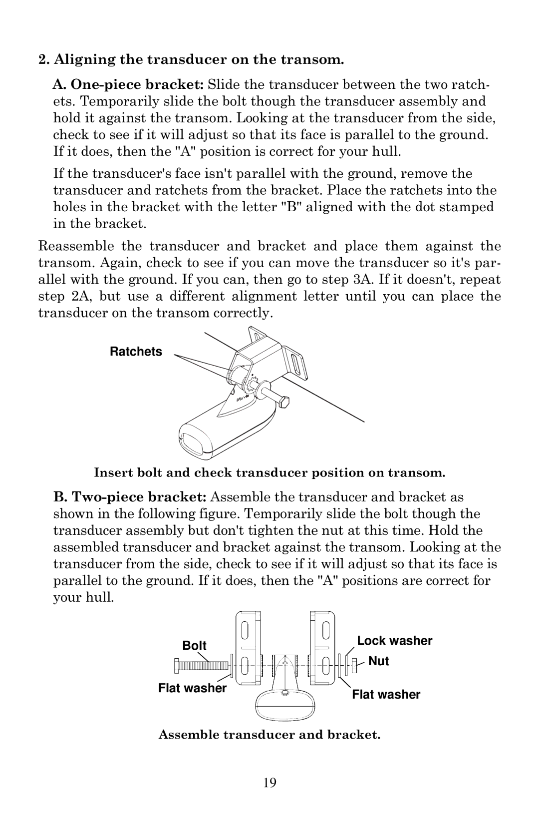 Eagle Electronics 502cDF manual Aligning the transducer on the transom, Ratchets, Bolt, Nut, Flat washer 