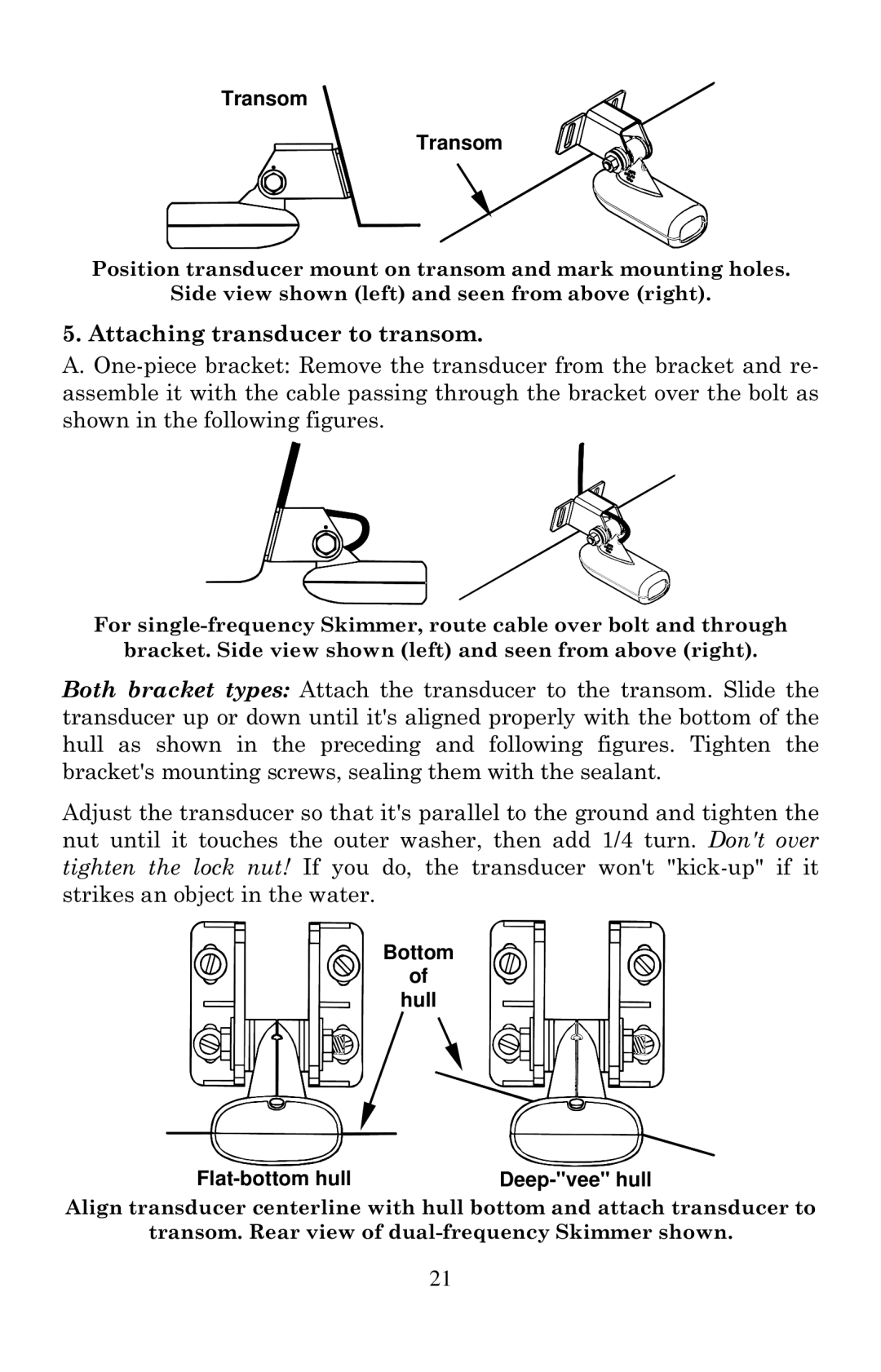 Eagle Electronics 502cDF manual Attaching transducer to transom, Bottom Hull Flat-bottom hull Deep-vee hull 