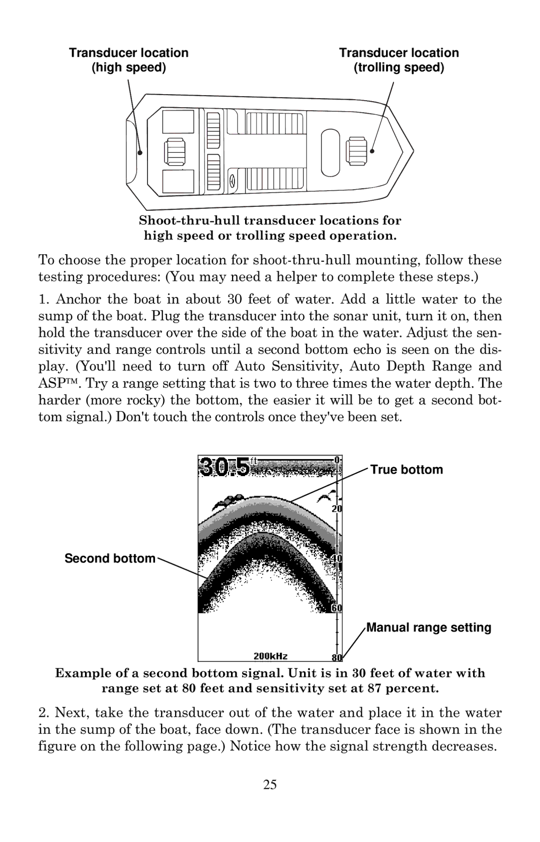 Eagle Electronics 502cDF Transducer location High speed Trolling speed, Second bottom True bottom Manual range setting 