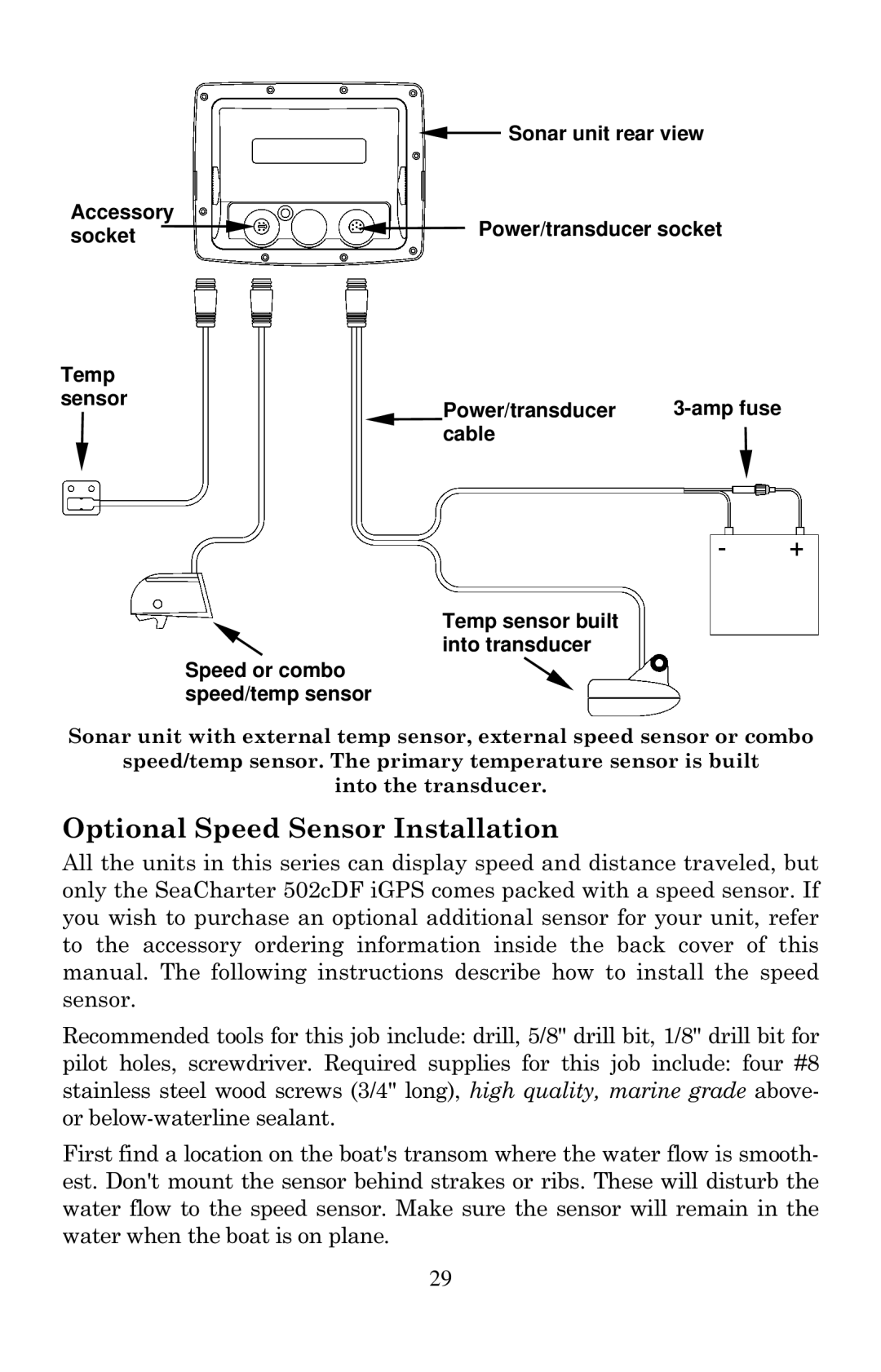 Eagle Electronics 502cDF manual Optional Speed Sensor Installation, Accessory Sonar unit rear view, Socket 