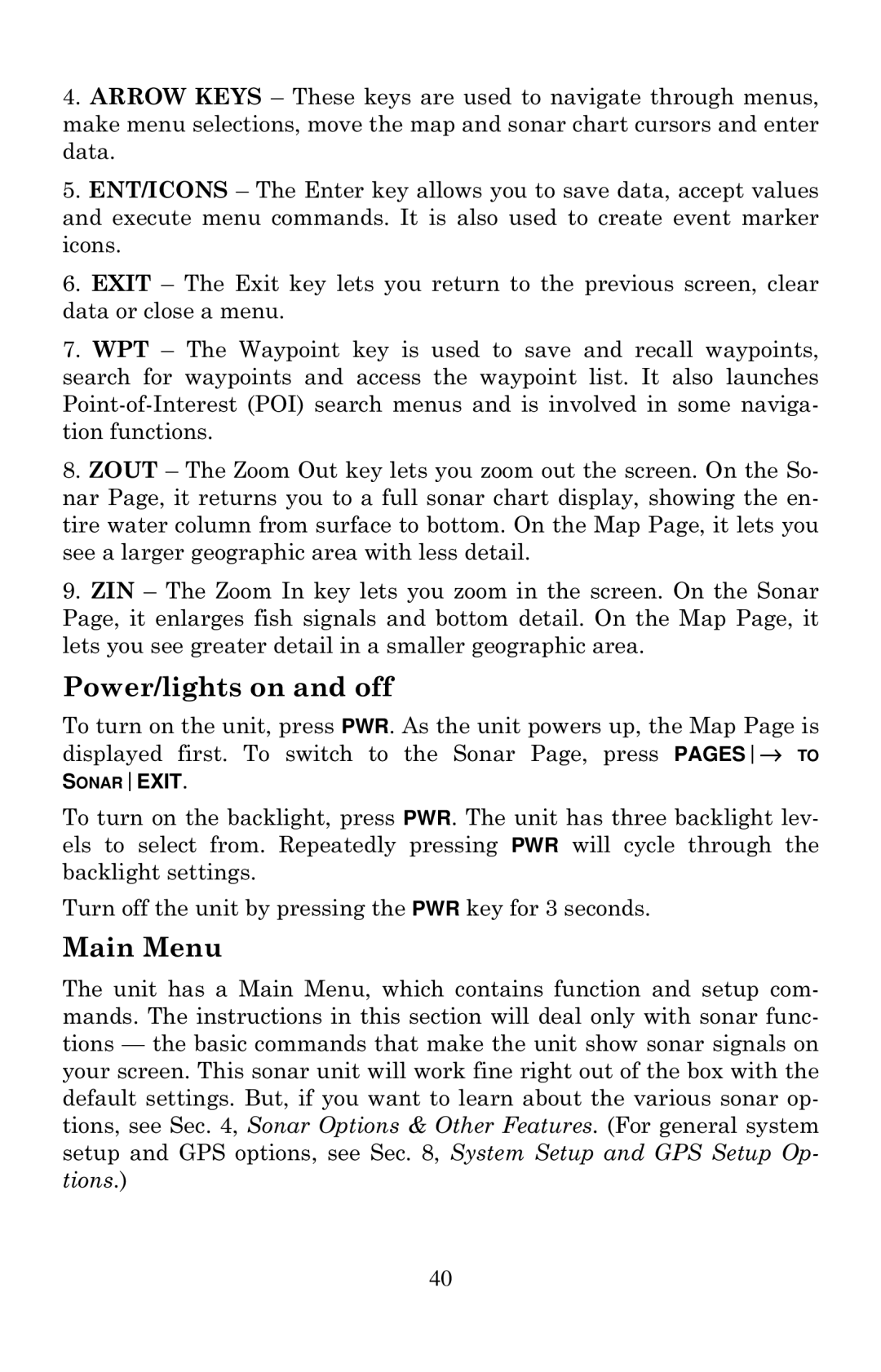 Eagle Electronics 502cDF manual Power/lights on and off, Main Menu 