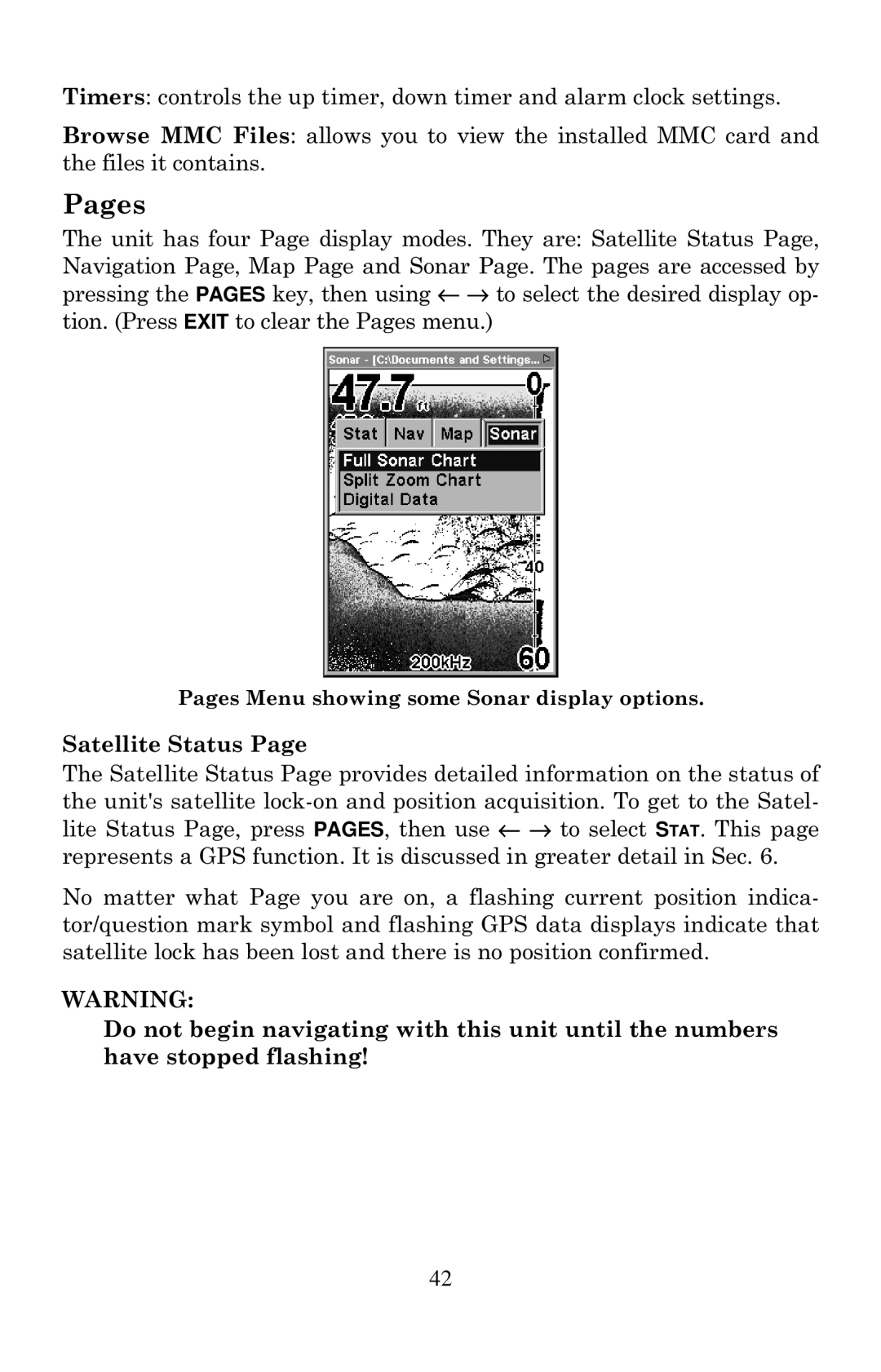 Eagle Electronics 502cDF manual Pages, Satellite Status 