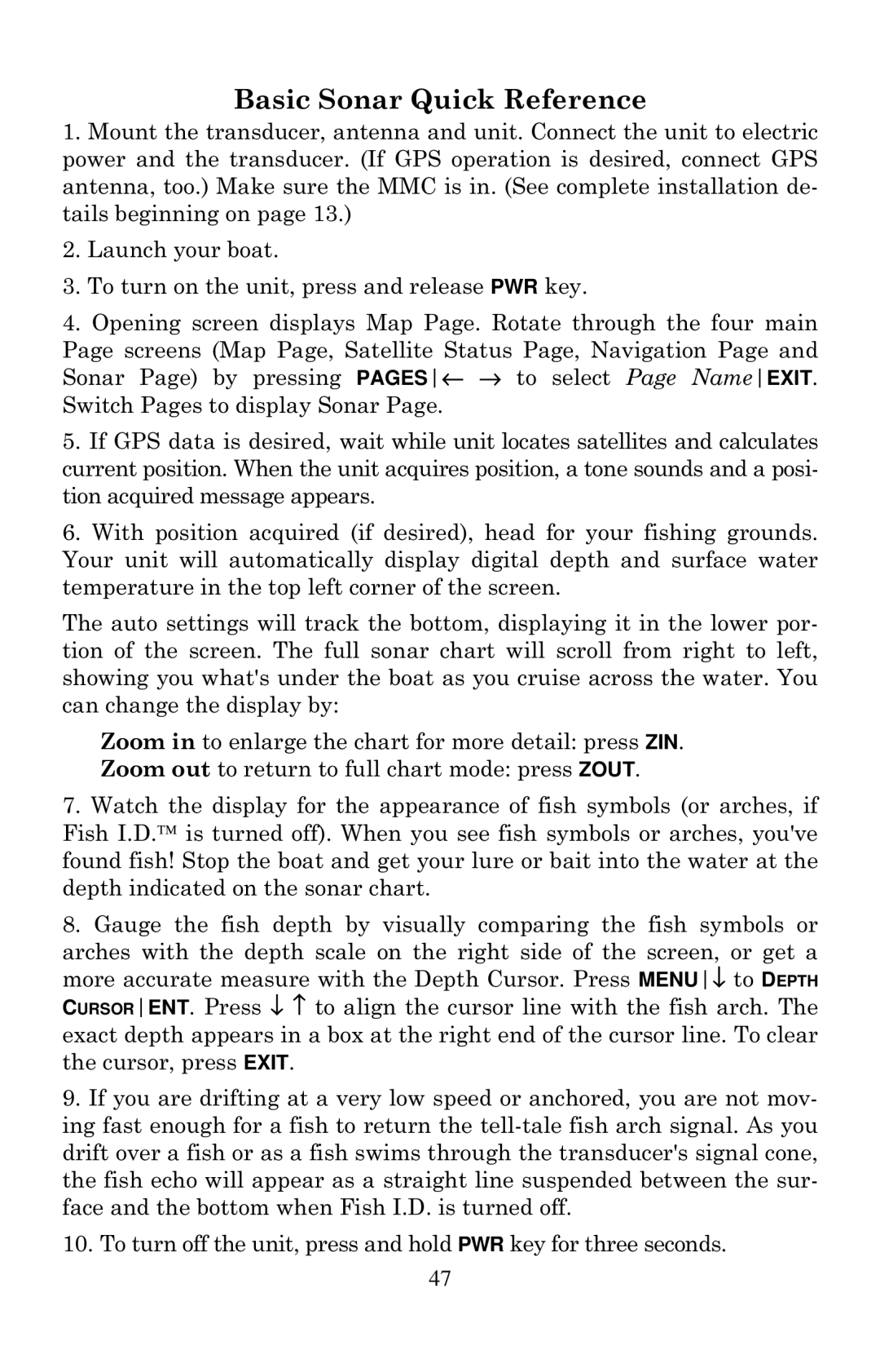 Eagle Electronics 502cDF manual Basic Sonar Quick Reference 