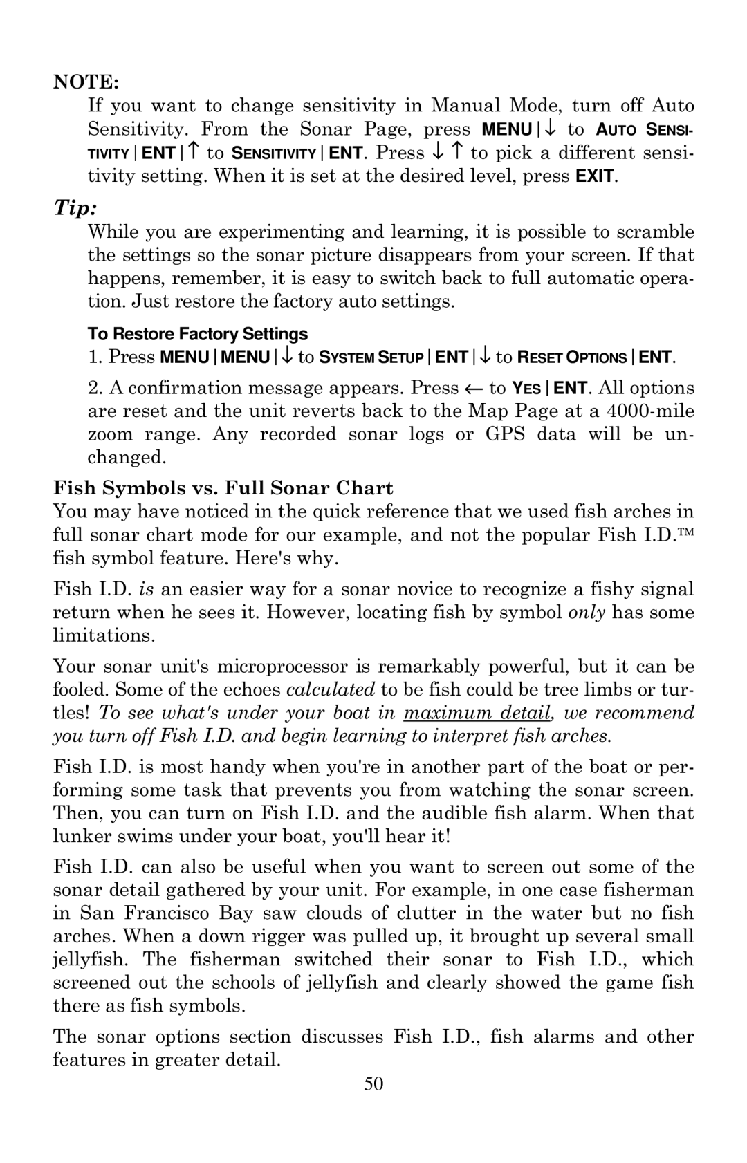 Eagle Electronics 502cDF manual Fish Symbols vs. Full Sonar Chart, To Restore Factory Settings 