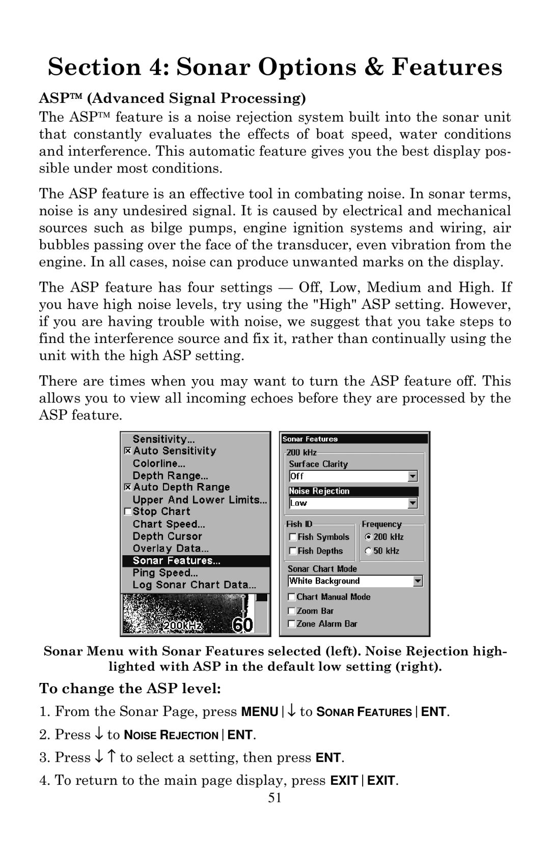 Eagle Electronics 502cDF manual ASP Advanced Signal Processing, To change the ASP level 