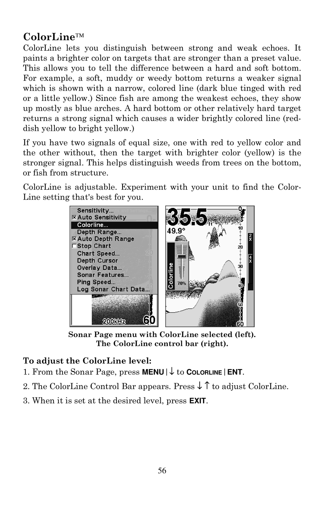 Eagle Electronics 502cDF manual ColorLine, To adjust the ColorLine level 