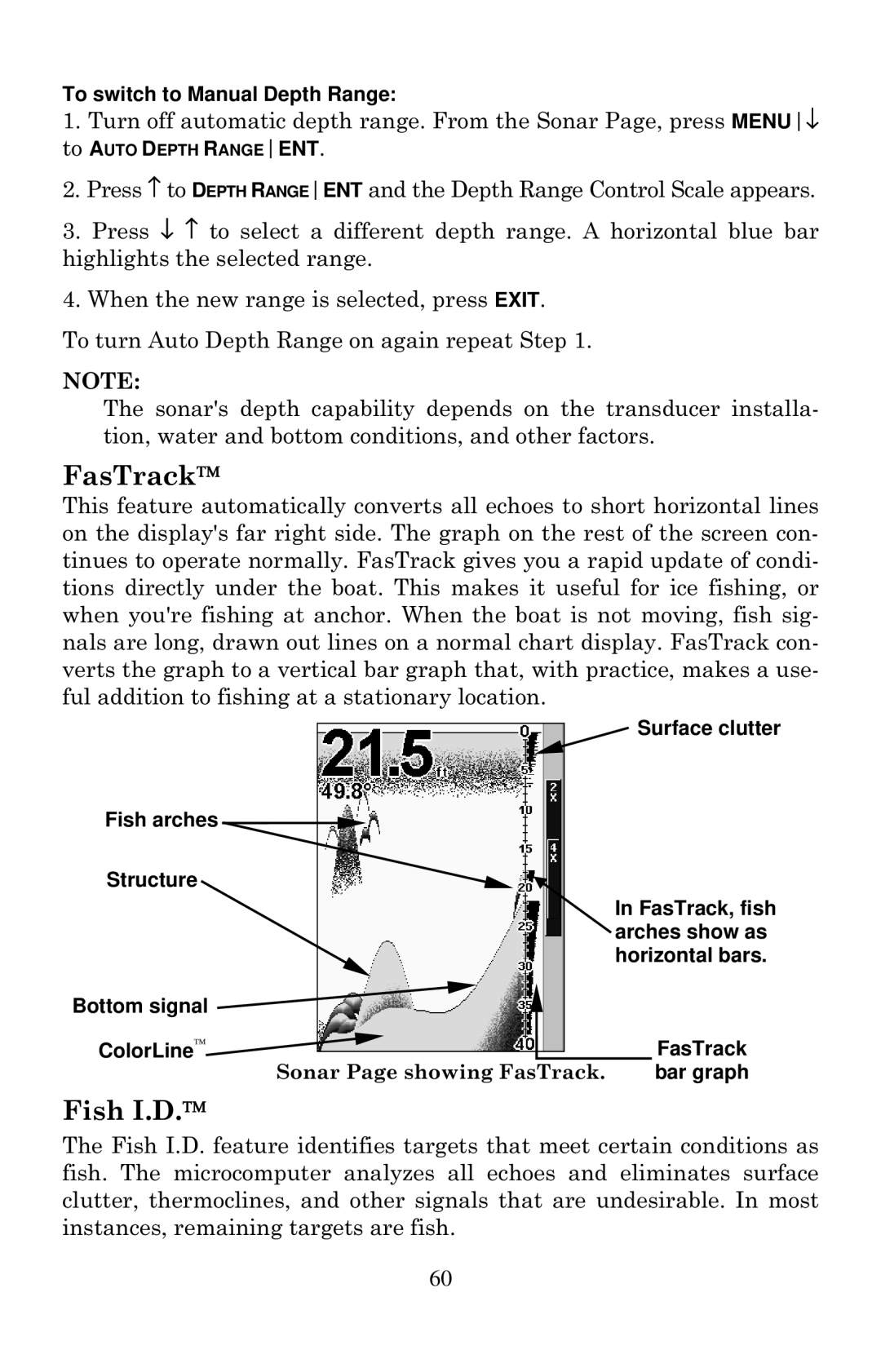 Eagle Electronics 502cDF manual FasTrack, Fish I.D., To switch to Manual Depth Range 