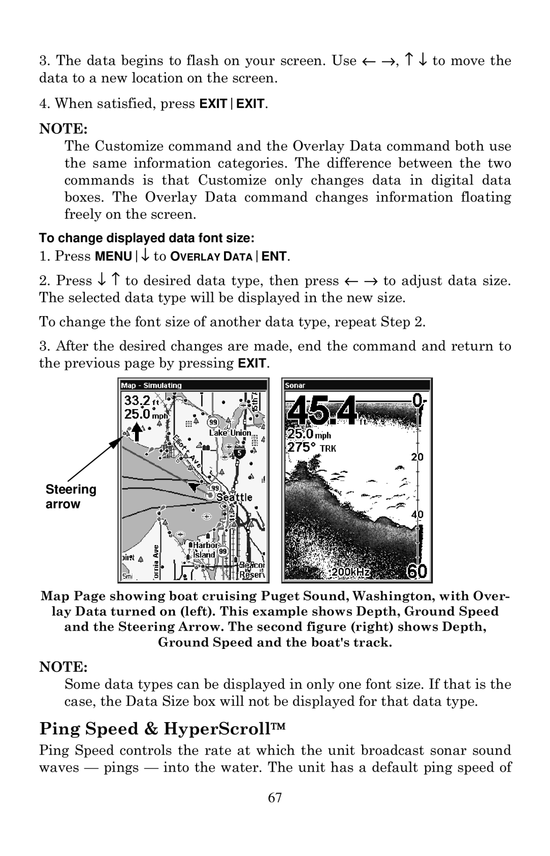 Eagle Electronics 502cDF manual Ping Speed & HyperScroll, To change displayed data font size, Steering arrow 