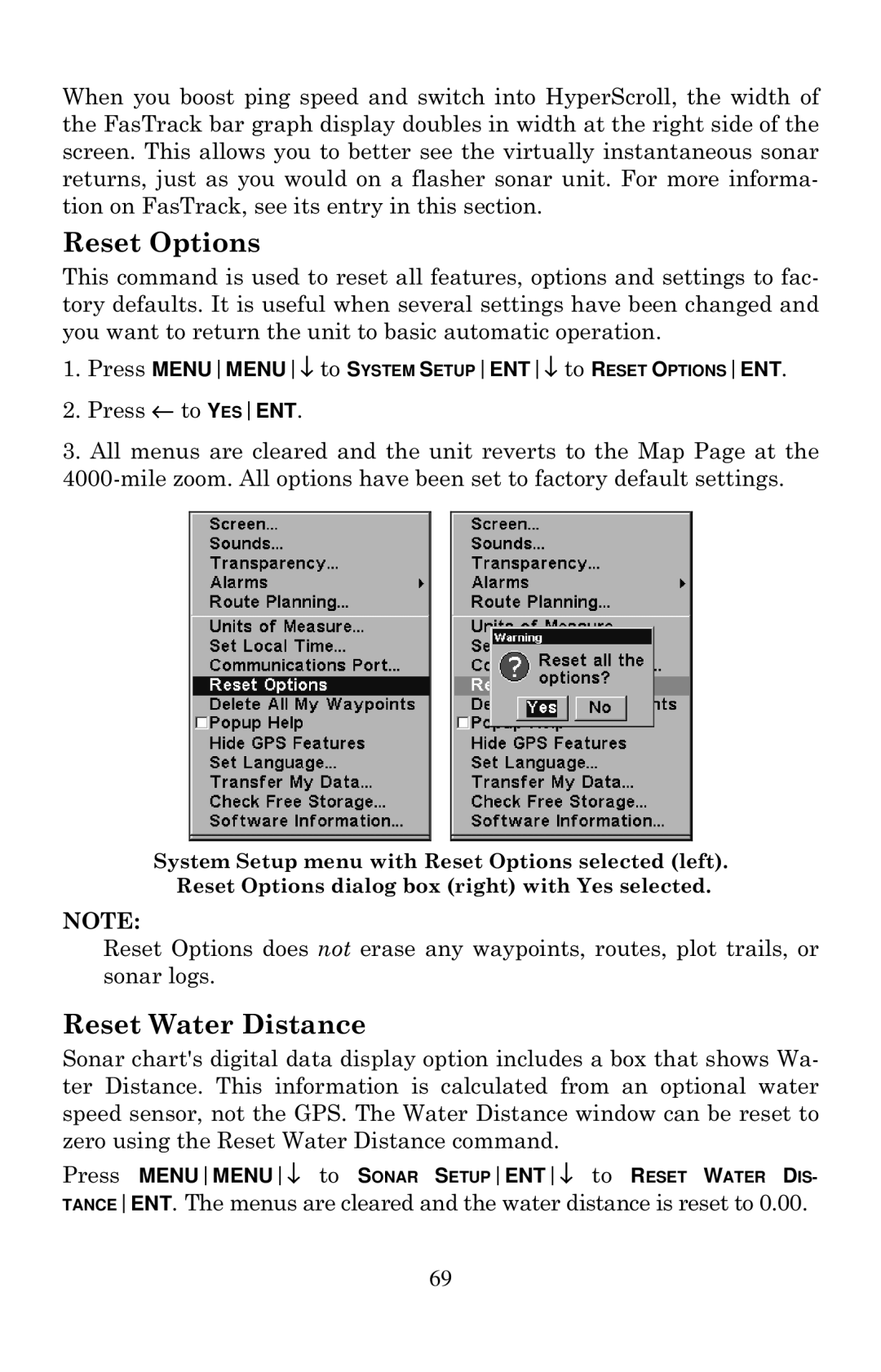 Eagle Electronics 502cDF manual Reset Options, Reset Water Distance 