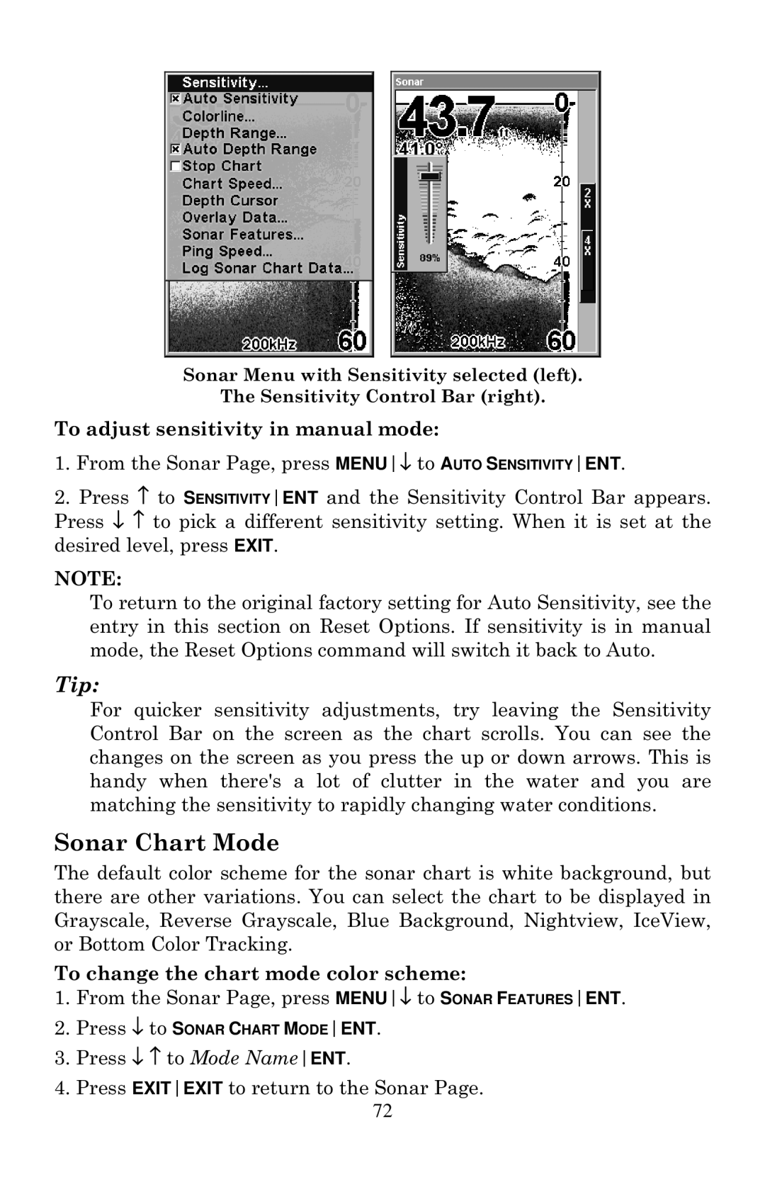 Eagle Electronics 502cDF Sonar Chart Mode, To adjust sensitivity in manual mode, To change the chart mode color scheme 