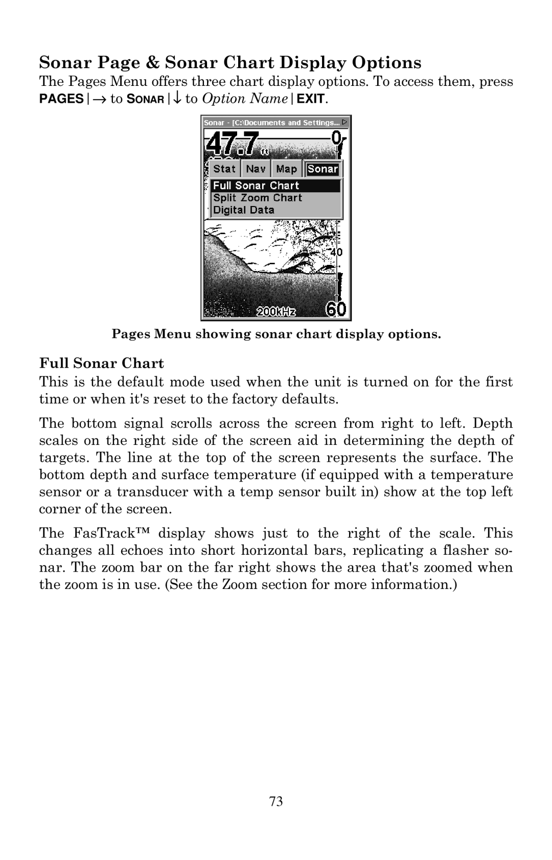 Eagle Electronics 502cDF manual Sonar Page & Sonar Chart Display Options, Full Sonar Chart 