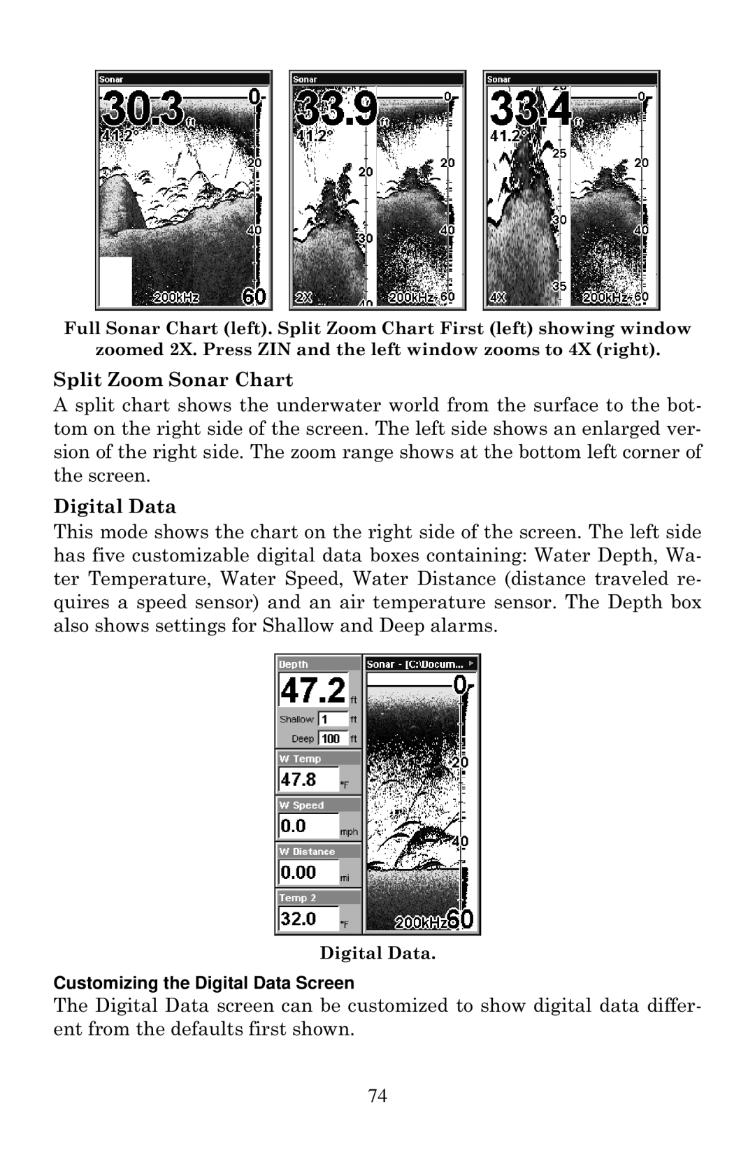 Eagle Electronics 502cDF manual Split Zoom Sonar Chart, Customizing the Digital Data Screen 