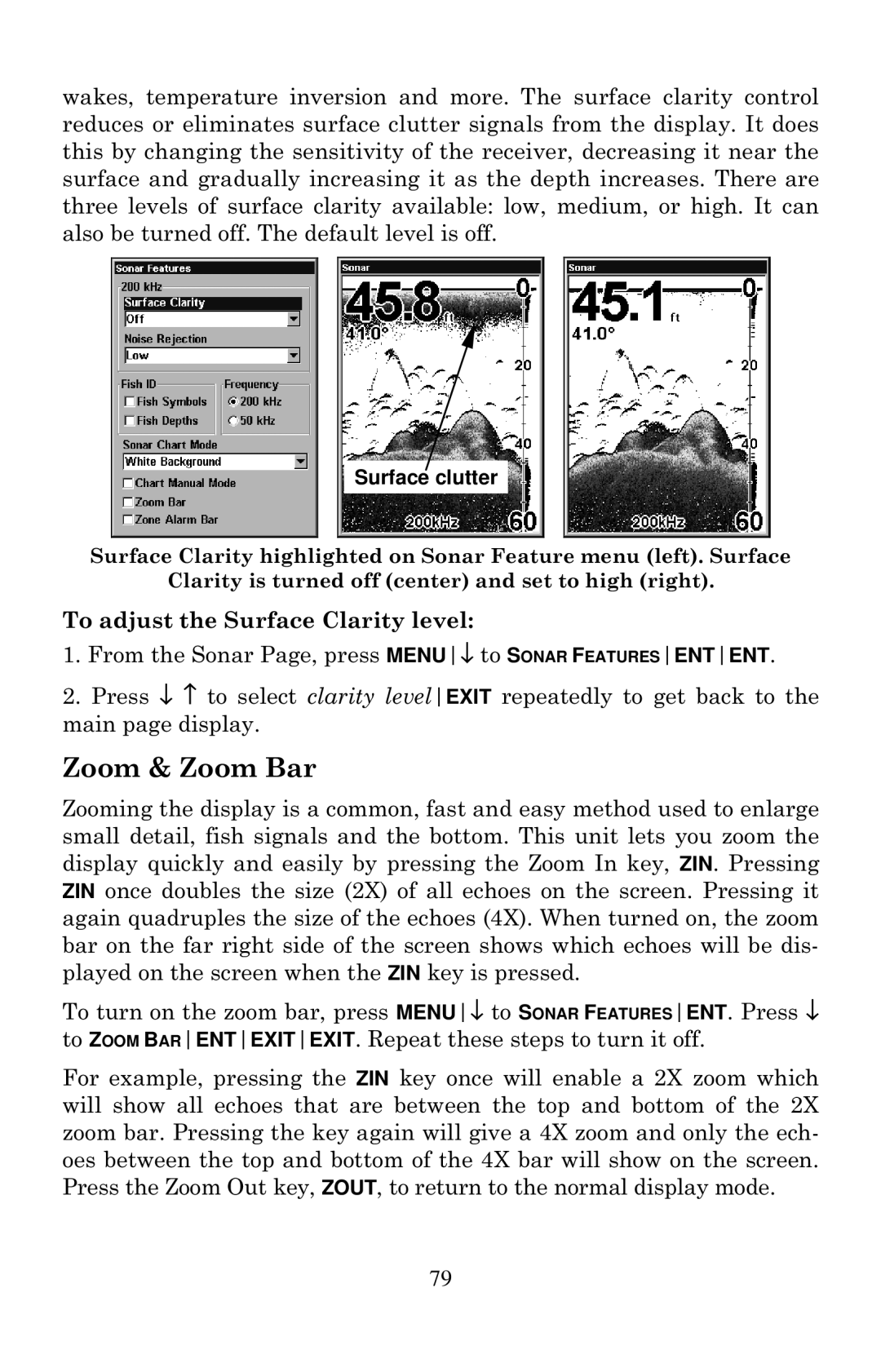 Eagle Electronics 502cDF manual Zoom & Zoom Bar, To adjust the Surface Clarity level, Surface clutter 