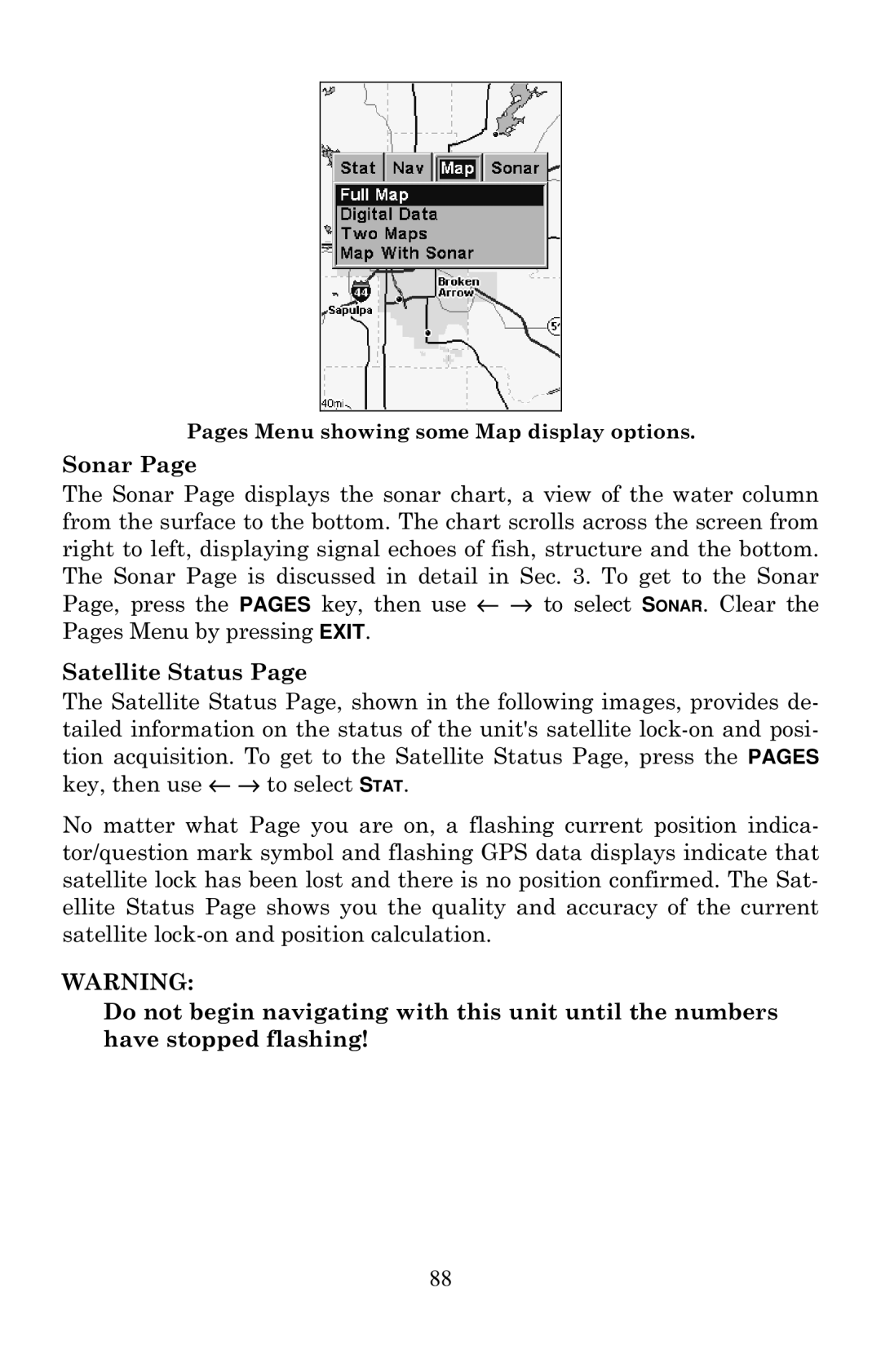 Eagle Electronics 502cDF manual Pages Menu showing some Map display options 