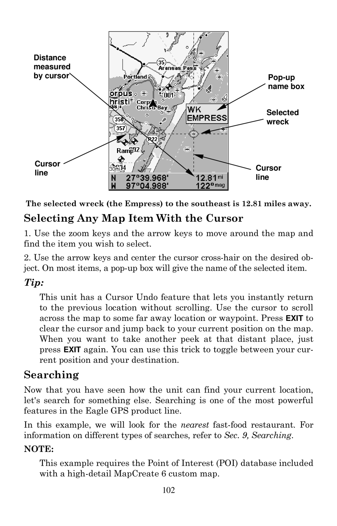 Eagle Electronics 640C, 640cDF manual Selecting Any Map Item With the Cursor, Searching 