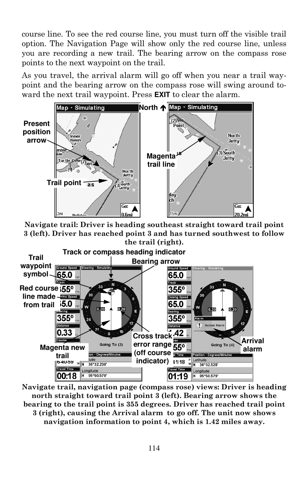 Eagle Electronics 640C, 640cDF manual Present position arrow North Magenta trail line Trail point, Waypoint Symbol, Alarm 