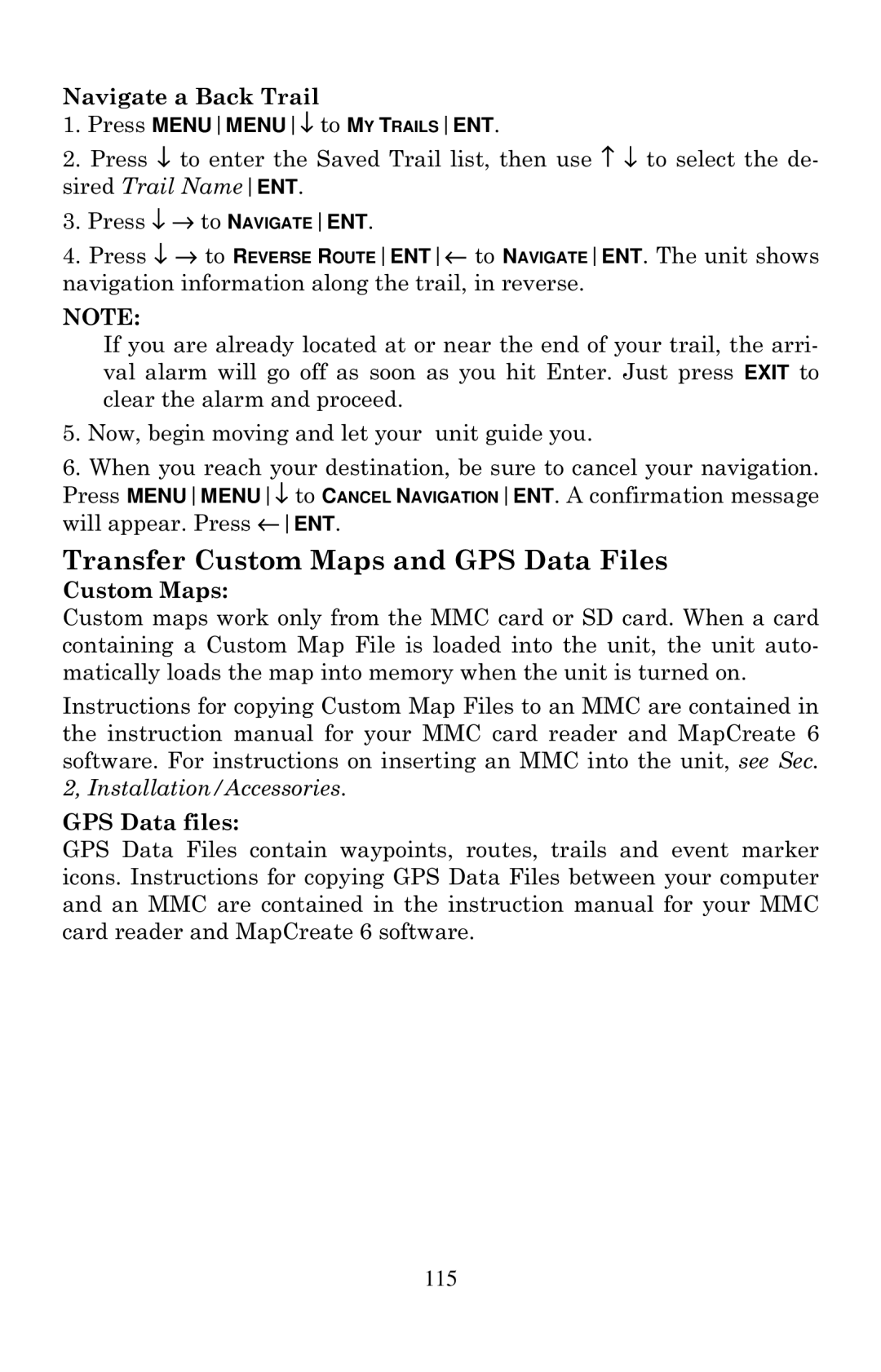 Eagle Electronics 640C, 640cDF manual Transfer Custom Maps and GPS Data Files, Navigate a Back Trail, GPS Data files 