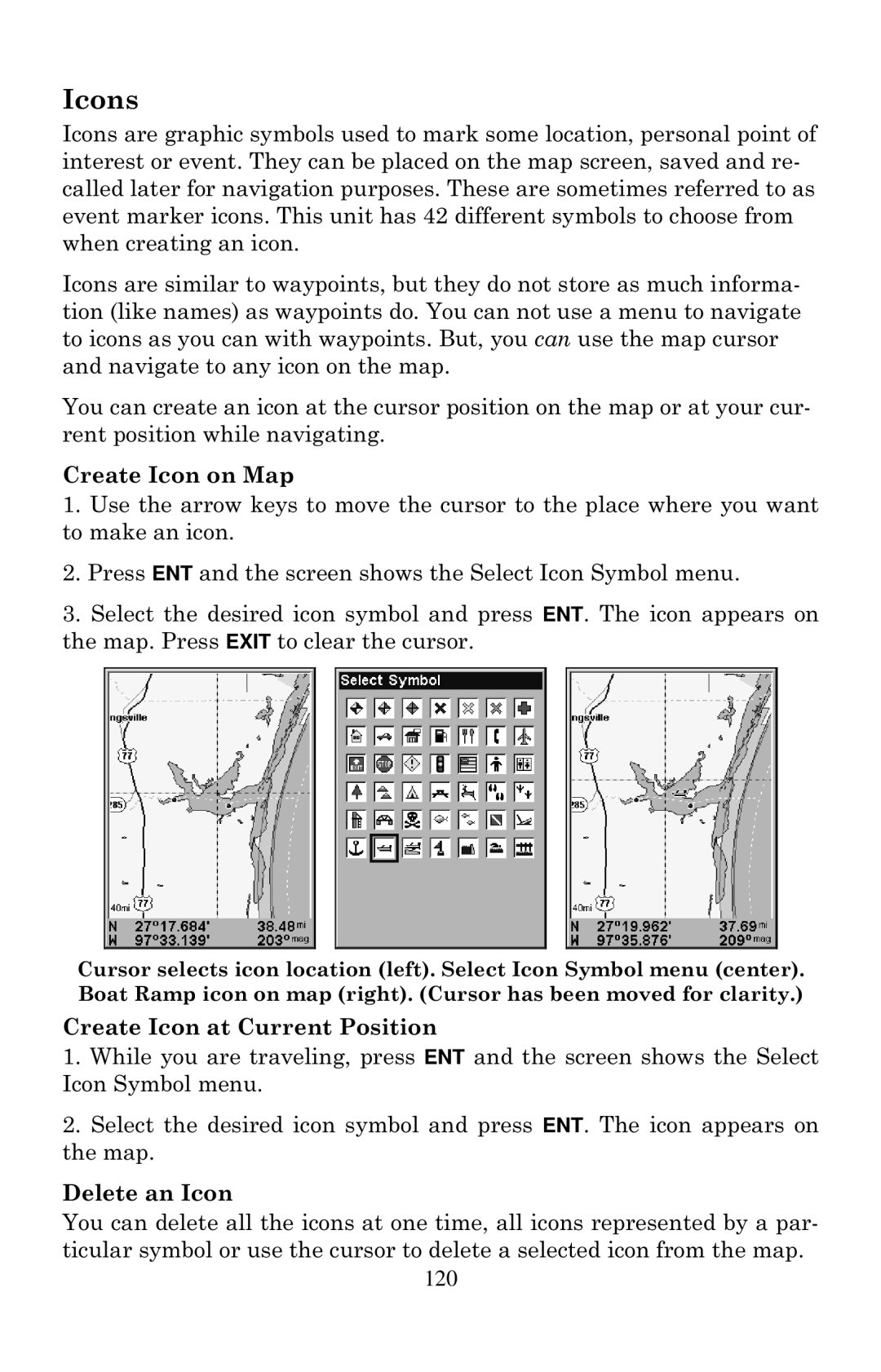 Eagle Electronics 640C, 640cDF manual Icons, Create Icon on Map, Create Icon at Current Position, Delete an Icon 