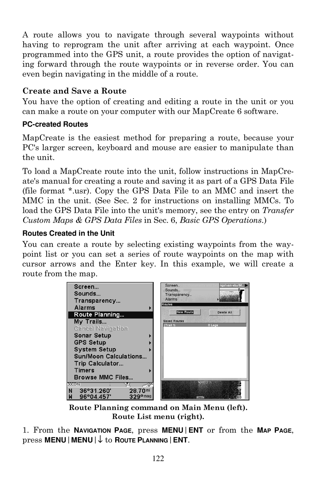 Eagle Electronics 640C, 640cDF manual Create and Save a Route, PC-created Routes, Routes Created in the Unit 