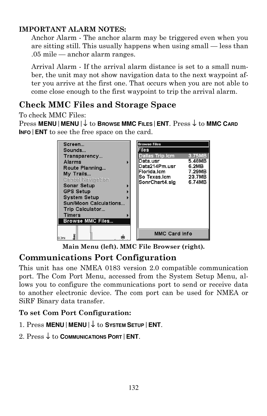 Eagle Electronics 640C, 640cDF manual Check MMC Files and Storage Space, Communications Port Configuration 