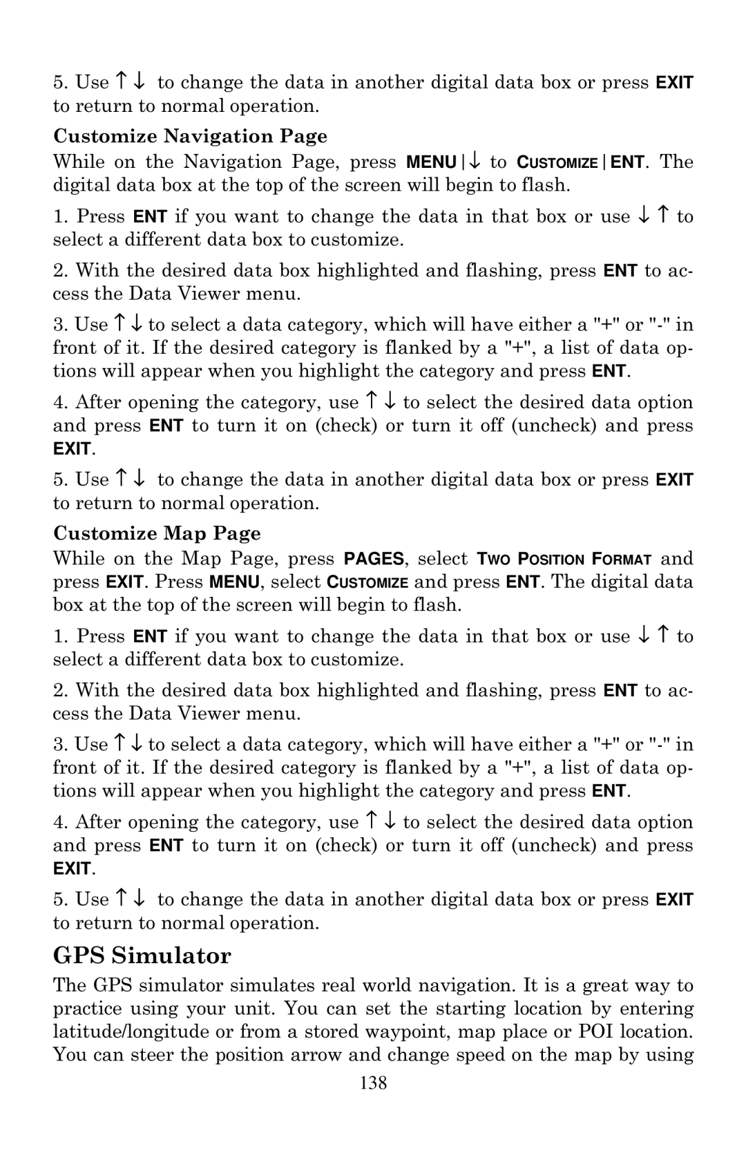 Eagle Electronics 640C, 640cDF manual GPS Simulator, Customize Navigation, Customize Map 