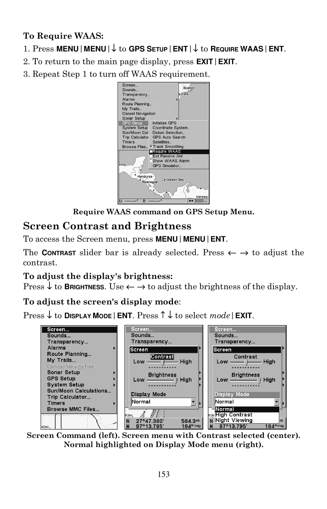 Eagle Electronics 640C, 640cDF manual Screen Contrast and Brightness, To Require Waas, To adjust the displays brightness 