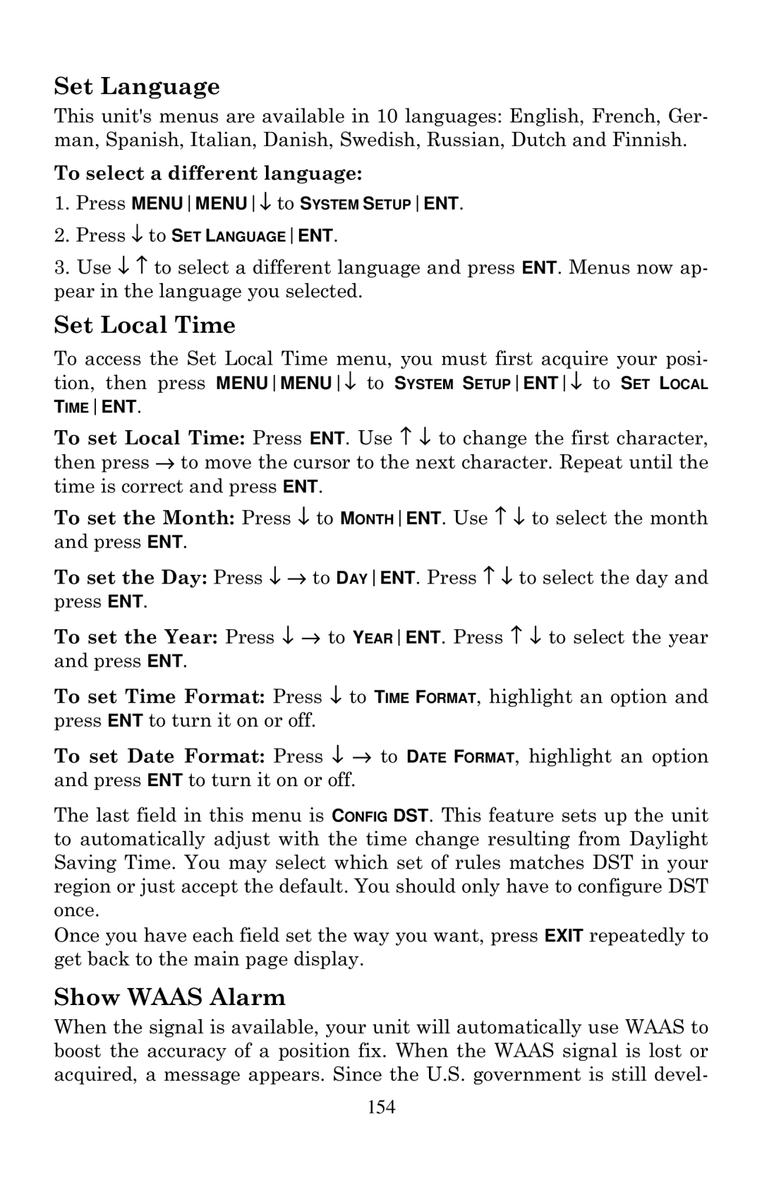 Eagle Electronics 640C, 640cDF manual Set Language, Set Local Time, Show Waas Alarm, To select a different language 