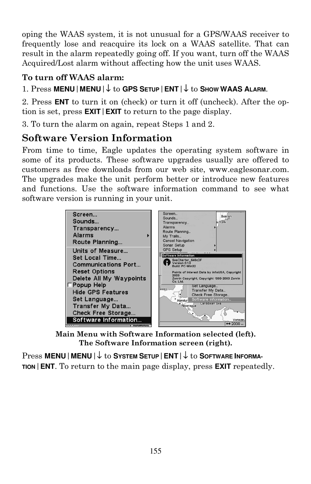 Eagle Electronics 640C, 640cDF manual Software Version Information, To turn off Waas alarm 