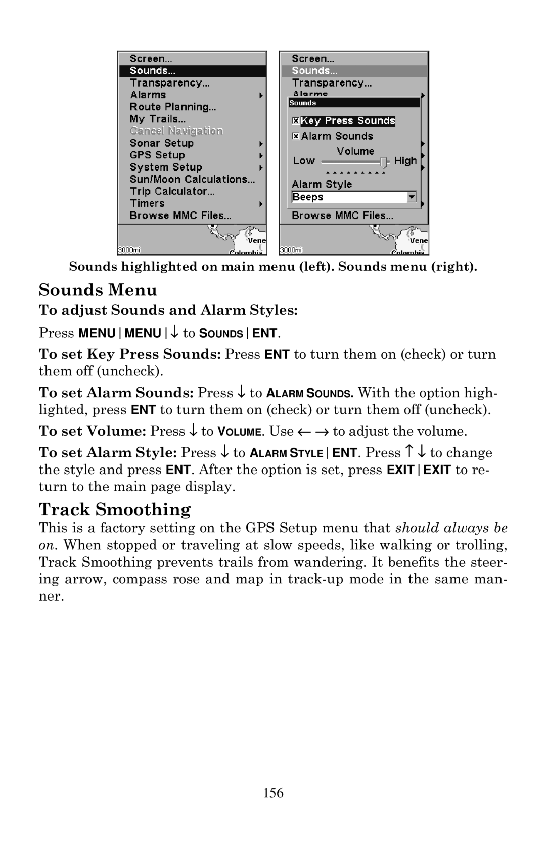 Eagle Electronics 640C, 640cDF manual Sounds Menu, Track Smoothing, To adjust Sounds and Alarm Styles 