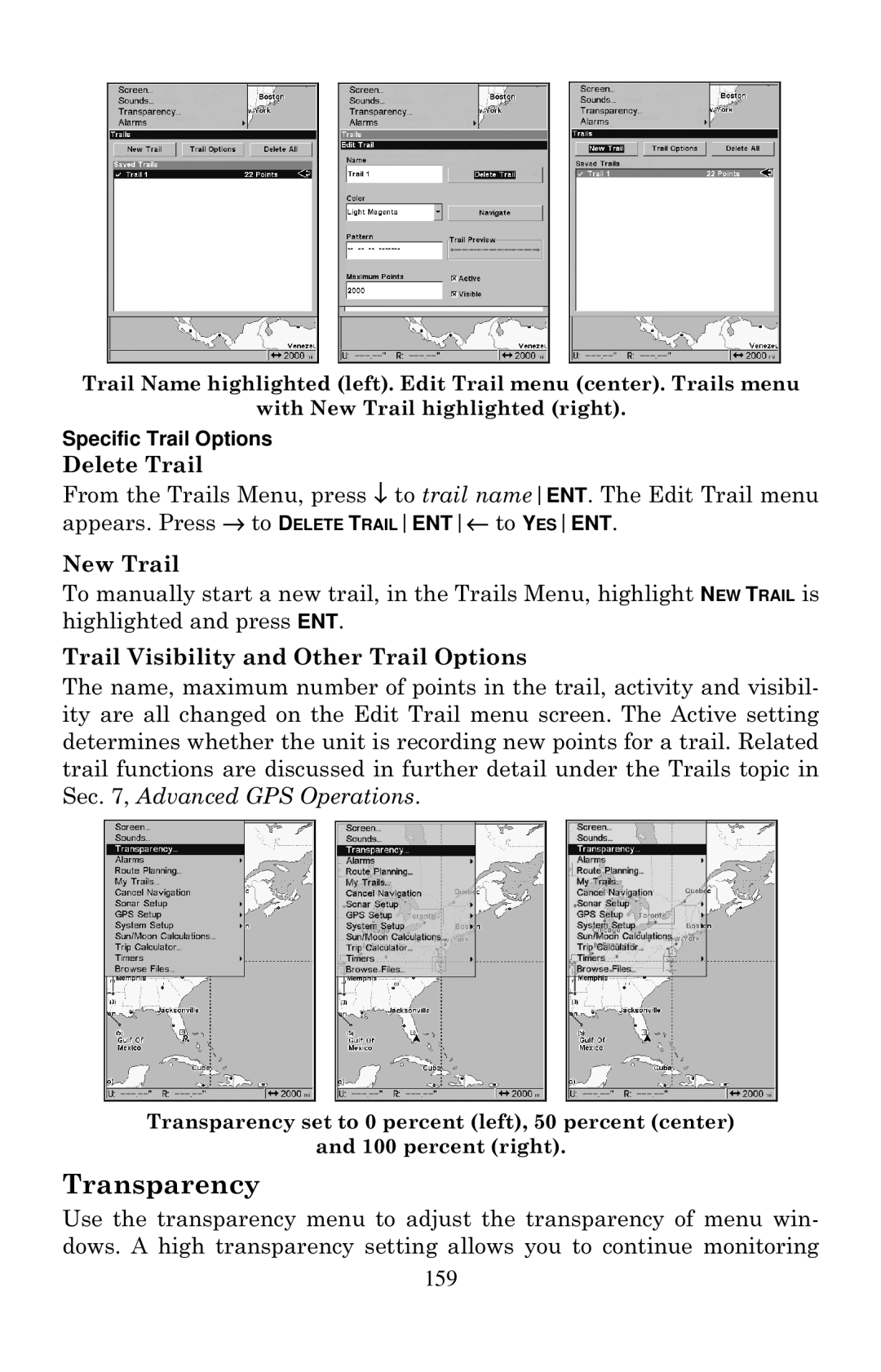 Eagle Electronics 640C, 640cDF manual Transparency, Delete Trail, New Trail, Trail Visibility and Other Trail Options 