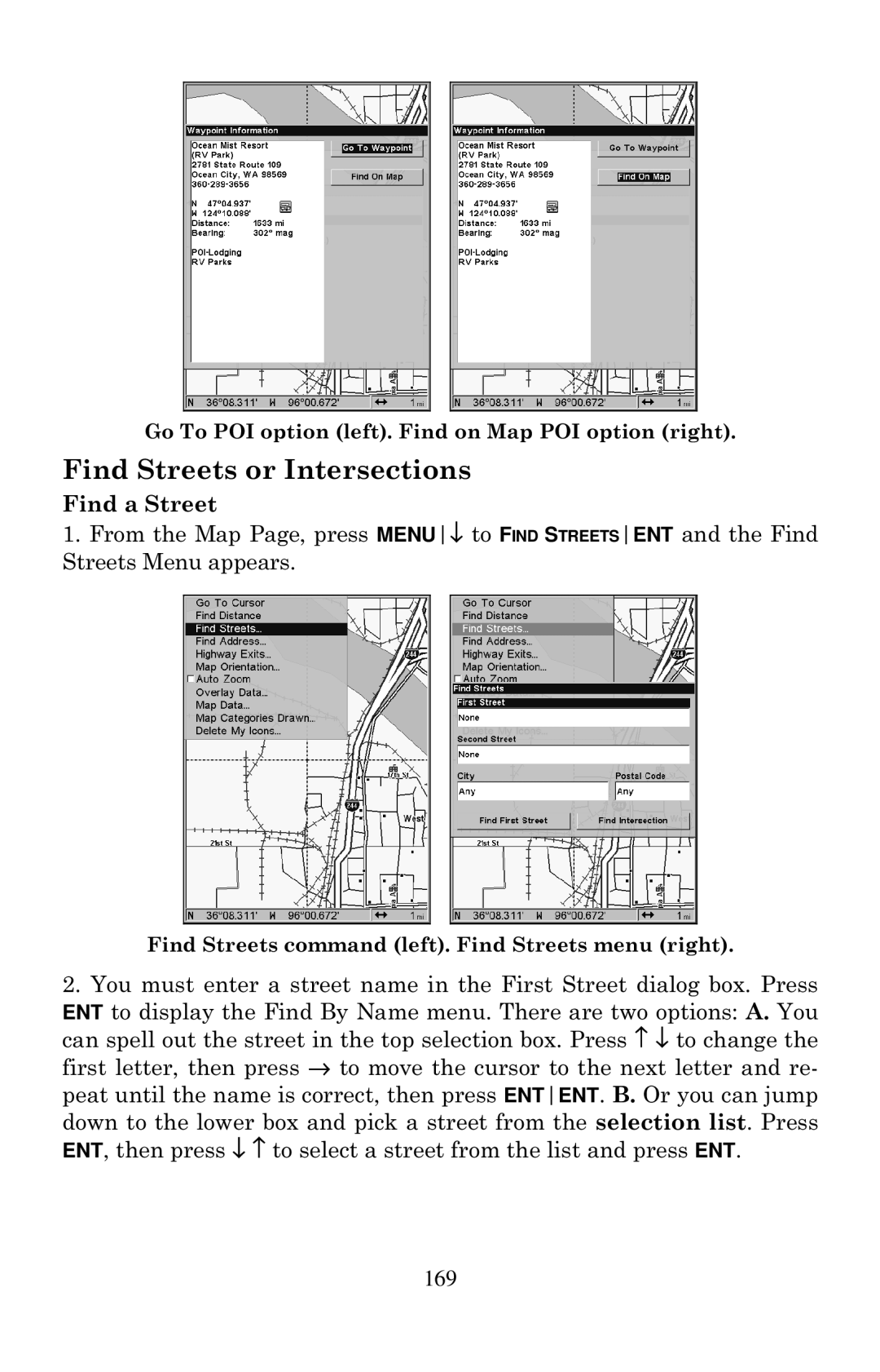 Eagle Electronics 640C, 640cDF manual Find Streets or Intersections, Find a Street 