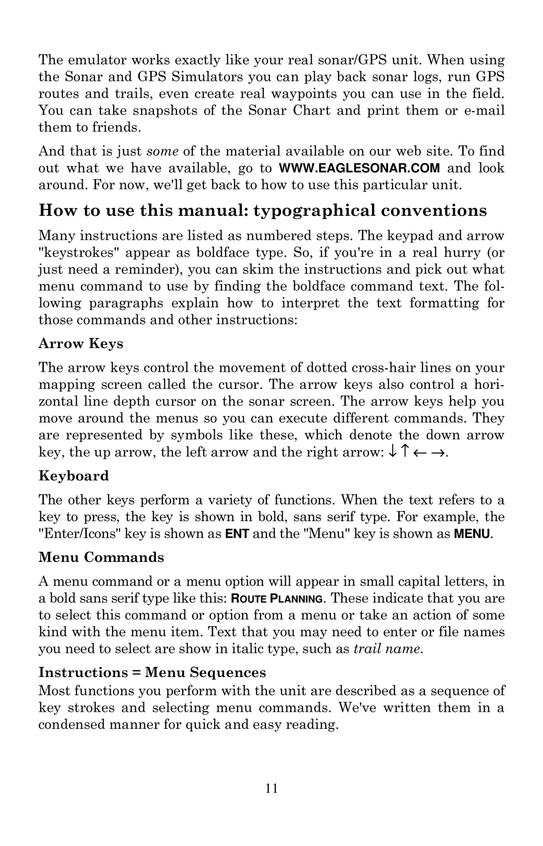 Eagle Electronics 640C, 640cDF How to use this manual typographical conventions, Arrow Keys, Keyboard, Menu Commands 